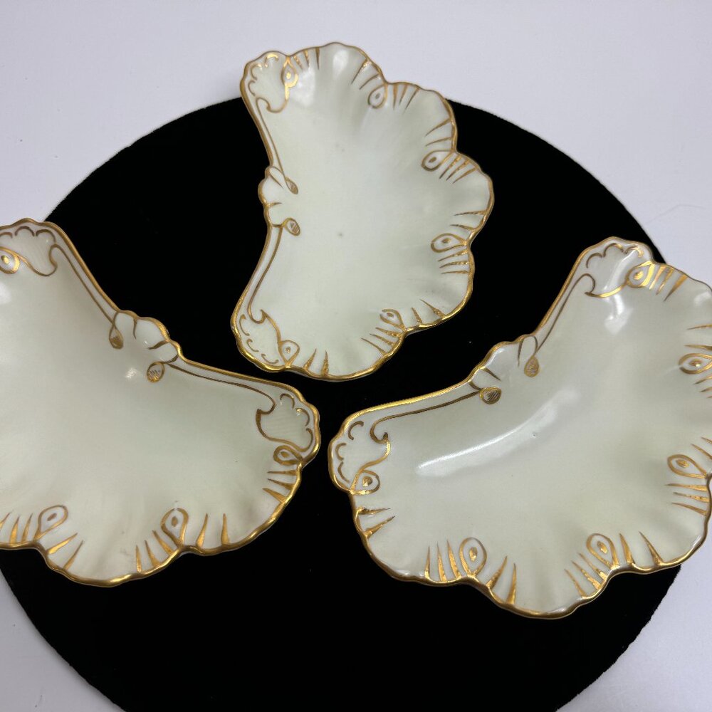 Antique Limoges France Alfred Lanternier Kidney Shape Dish Gold Trim Set 3